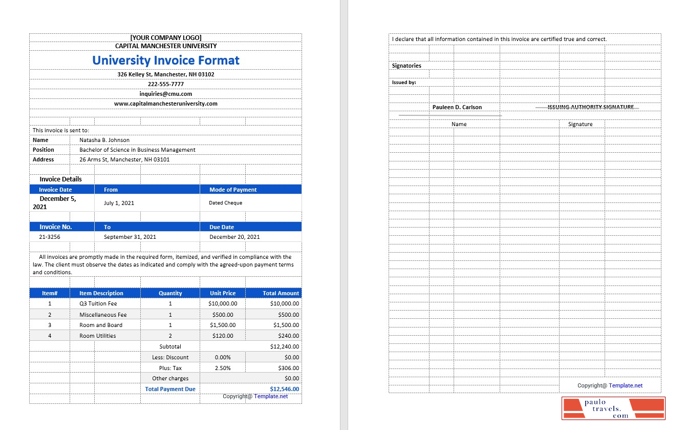 Sample University Invoice Template PSD template